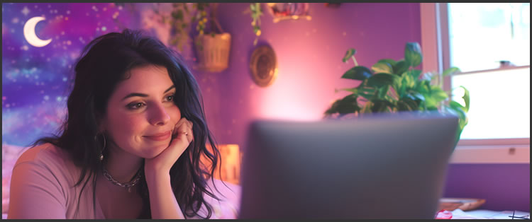 Woman sitting in a purple room with a celestial motif looking at her computer screen attending a virtual dream group meeting